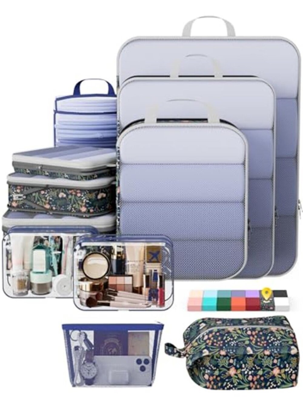 11 Pack Compression Packing Cubes Travel Luggage Organizer Bags Dark Blue